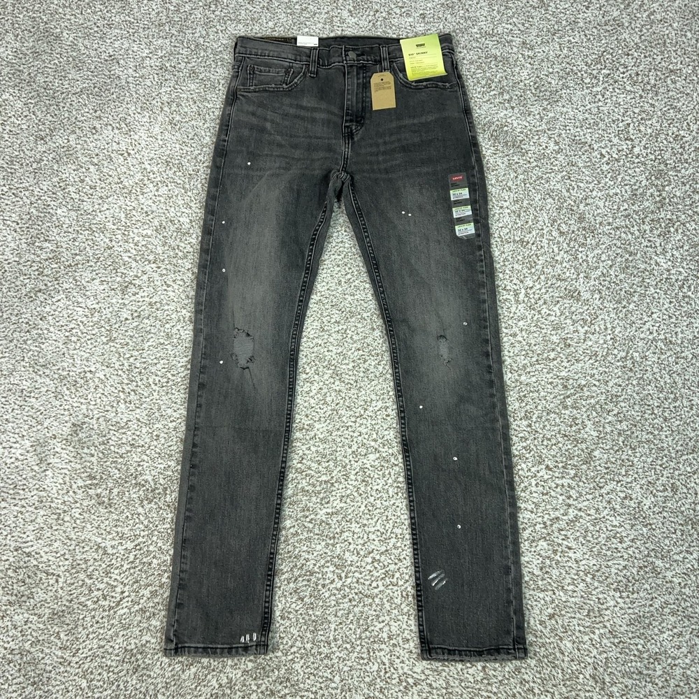 Levis 510 Jeans Mens 32x34 Gray Skinny Stretch Denim Distressed Charcoal Paint